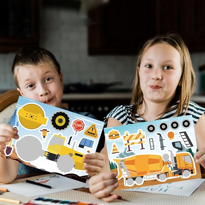 24 Sheets Make Your Own Construction Vehicle Stickers for Kids Boys, Make-a-Face Engineering Vehicles Fire Trucks Excavator for Construction Themed Party Favors