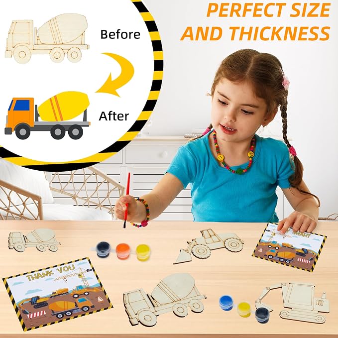 24 Set Construction Birthday Party Supplies, Trucks Parties Craft Construction Theme Birthday Paint Party Favors with Wooden Painting Crafts, Thank You Cards, Paints, Brushes and Bags Decorations