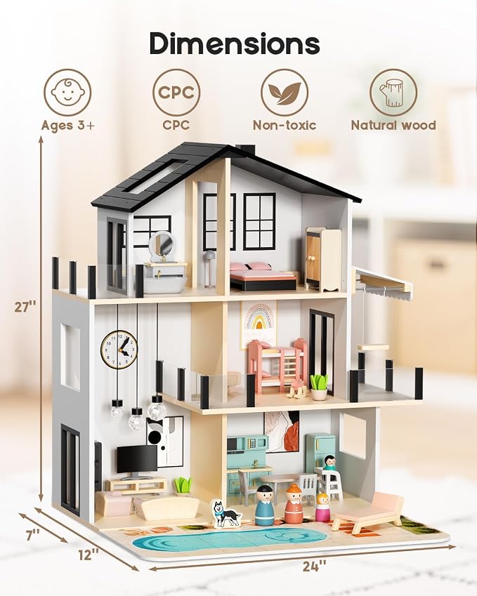 BIERUM Wooden Dollhouse, Large Modern Doll House with 44Pcs Furniture Accessories, Dolls & Pets, DIY Puzzle Pool Yard, Wood Dollhouse Toy for Toddlers 3+, Ideal Gift for Boys and Girls (Black)