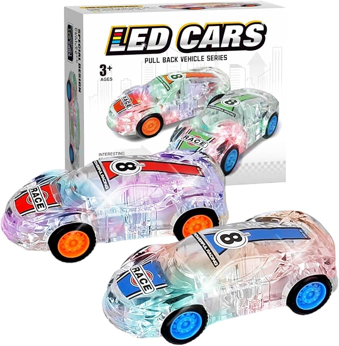 ZOHANINDL LED Light Up Pull Back Car Toys,Race Cars Toy (2 Pack),Car Body Glows-Batteries Included,Suitable for Toddlers 3 4 5 6 7 8 Year Old Kids for Boys and Girls Birthday Party Gift