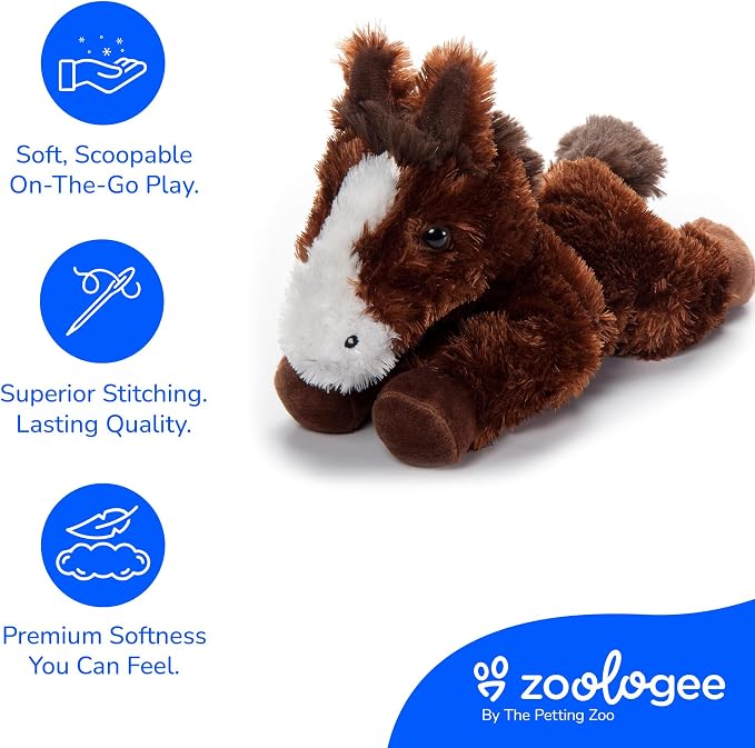 The Petting Zoo Horse Stuffed Animal Plushie, Gifts for Kids, Scoopz Wildlife Animals, Brown Horse Plush Toy, 8 inches