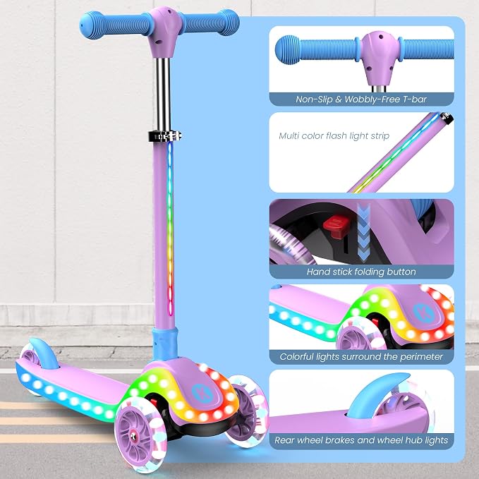 2-in-1 Adjustable Kick Scooter for Kids 3-5 (Suitable 3-12 Years),5-Level Handlebar & Removable Seat, LED Light-Up Wheels, Wide Deck, Foldable Design for Indoor/Outdoor Use - Girls & Boys