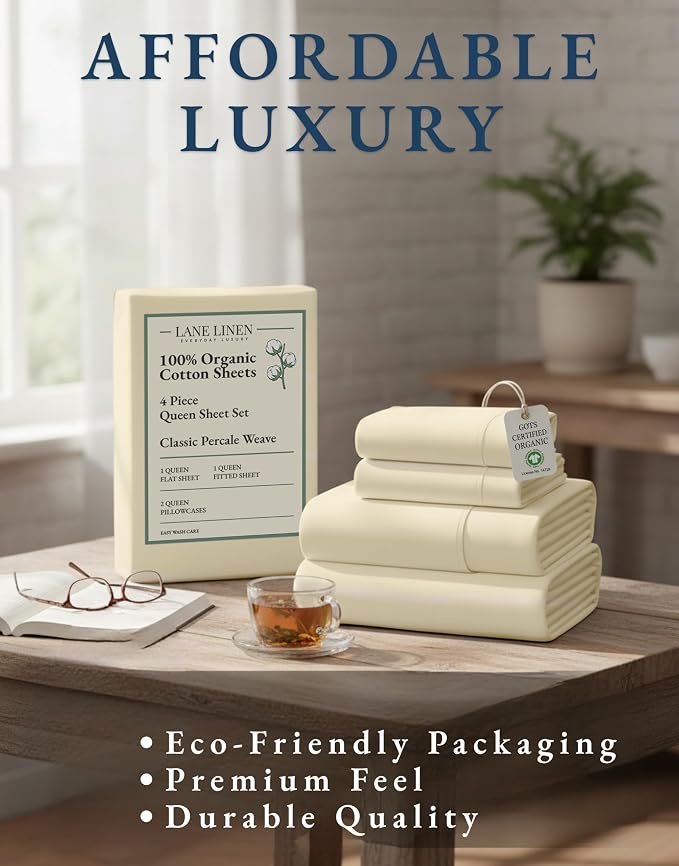 LANE LINEN Queen Size Bed Sheets 100% Organic Cotton Soft 4pc - Natural | Organic Cotton Percale Queen Sheet Set - Soft From The First Wash, Crisp Cool Percale Weave, Great For Gifting