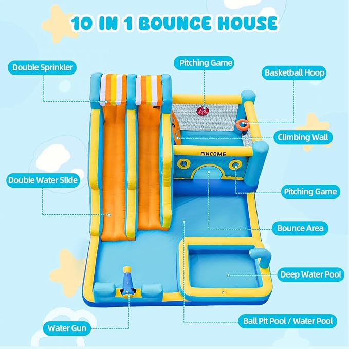 FINCOME Inflatable Bounce House, 10 in 1 Double Water Slide Bounce House with 750W Blower, Climbing Wall, Jumping, Water Gun, Splash Pool, Basketball Hoop for Kids Indoor Outdoor Backyard