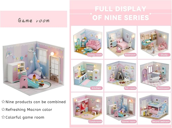 Kisoy Dollhouse Miniature with Furniture Kit, DIY 3D Wooden DIY House Kit A Corner of a Small Apartment Style with Dust Cover & LED,Handmade Tiny House Toys for Kids Adults Gift (Toy Room)