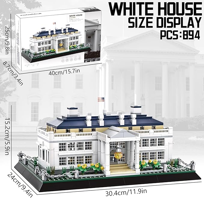 White House Architecture Building Blocks Set 894 PCS Washington D.C. Landmark Model Kit for Adults Teens United States Capitol Souvenir Gift Educational Construction Toy for Home Office Decor