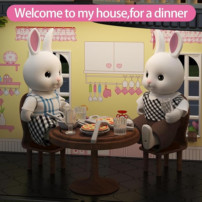 Dollhouse Kit Playset Little Critters Bunny Dolls for Girls with Swimming Pool and Slideside Family Toys for Toddler 5 Year+ Old Girl