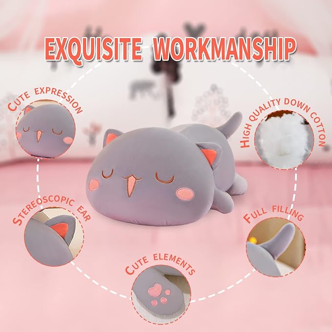 FUYU Cat Stuffed Animals, Soft Cat Plush Pillow Kawaii Kitten Stuffed Animal Toy Gifts for Kids Boys Girls Room Decor (Gray Squinted,19in/50cm)