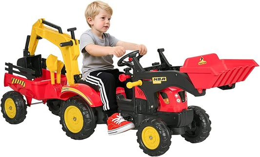 Aosom 3 in1 Kids Ride On Excavator/Bulldozer, Pedal Car Digger Toy Move Forward/Back with 6 Wheels and Detachable Cargo Trailer