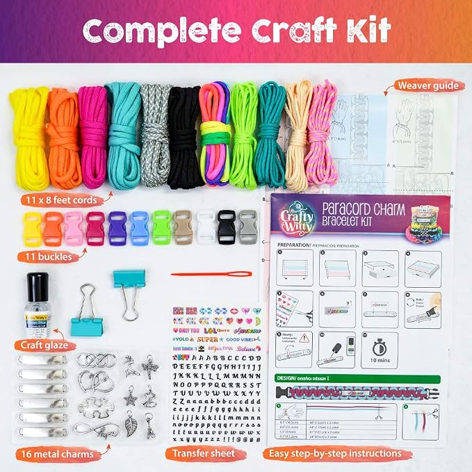 Glittery Garden Paracord Bracelet Making Kit with Charms. Art & Craft Gift | Make Your Own Friendship & Fashion Jewelry for Birthday, Camp & Project Activity for Girls Ages 8-12