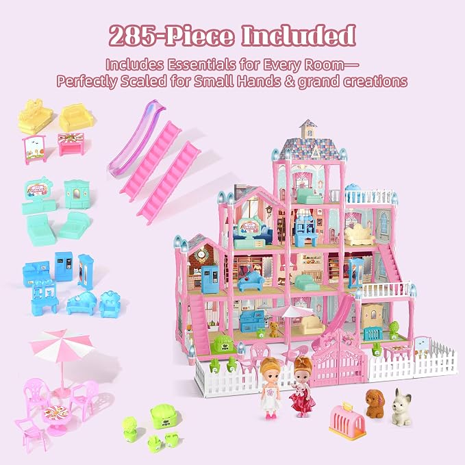 Doll House for Girls with Lights, 3 Dolls, 4 Floors -13 Rooms, 7 Sets of Furniture and Accessories, Design and Build Gift for 3 4 5 6 7 8+ Year Old Girls