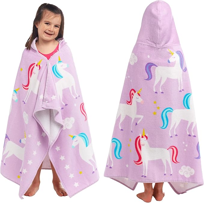 Wildkin Kids Hooded Beach Towel – 100% Cotton, Snap Front for Bath, Pool & Beach - Unicorns