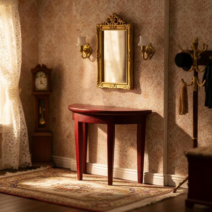 Miniature Half Moon Table Dollhouse Furniture 1/12 Scale for Living Room Bedroom Hallway, Entrance, Small Spaces, DIY Doll House Accessories (Red)