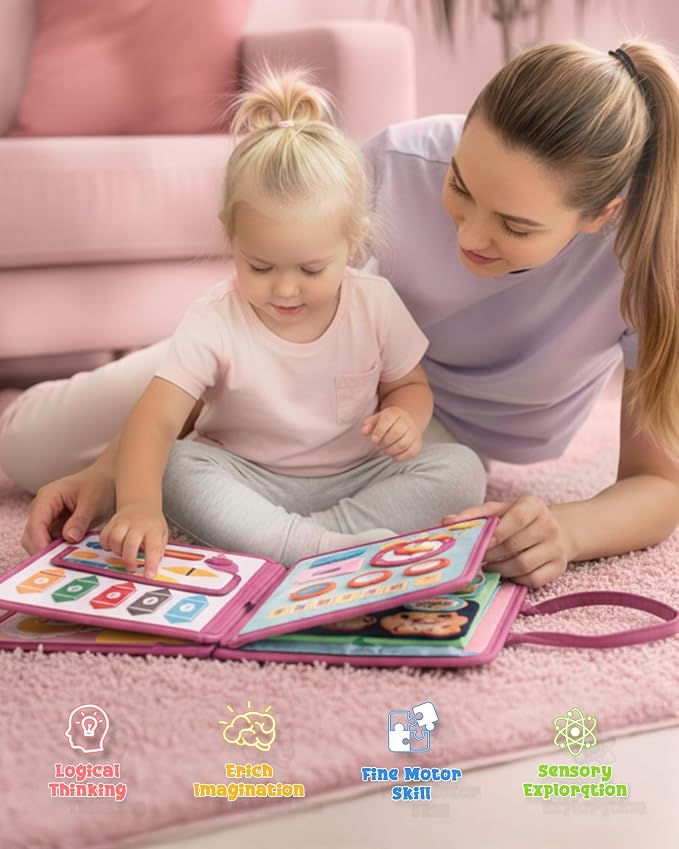 Pink Montessori Busy Board for Toddlers,8-Page Sensory Activity Book for Fine Motor Skills & Basic Dress Learning, Portable Travel Toy for Preschool Kids, Portable Travel Gift for Preschool Girls