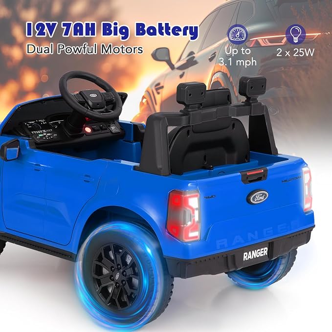 Licensed Ford Ranger Ride on Pickup Truck by INFANS, 12V Battery Powered Electric Vehicle for Kids with Remote Control, Headlight, Power Display, Bluetooth, MP3, Music, Aged 3-6 Years (Blue)