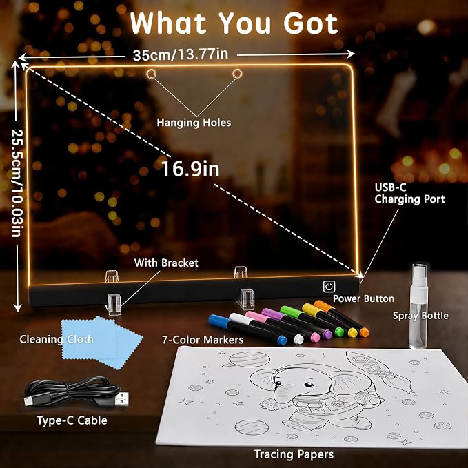 Rechargeable Led Drawing Board for Kids' Dry Erase Boards w/ 12 LED Light Effects,Art Kit Drawing Tablet,Drawing Pad for Kids Gifts for Boys,Girl Birthday Gift for 3-6 7 8 9 10 Year Old Travel