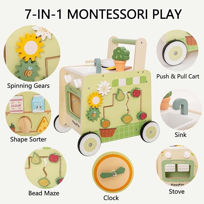 6-in-1 Wooden Baby Push Walker, Montessori Activity Center for Toddlers 1-3, Pretend Play Kitchen Stroller with Speed Control & Shape Sorter, Early Learning Development Gift for Boys Girls