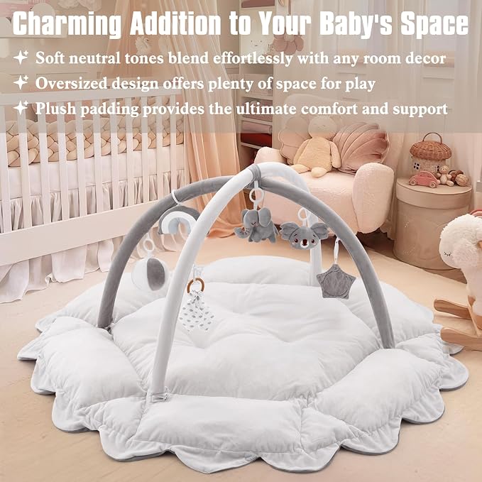 5-in-1 Plush Baby Play Gym, Activity Mat with Convertible Gym, Baby Gym 6 Sensory Toys, Play Center for Newborn to Toddler, Grey