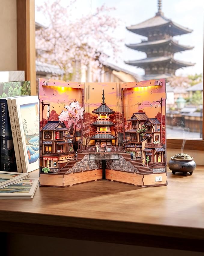 CUTEBEE Book Nook Kit Sakura Wine Alley, 3D Wooden Puzzle Booknook for Adults,LED Bookshelf Decor,DIY Miniature Dollhouse Bookend, Crafts Gifts for Adults, Teens & Book Lovers (Twilight Sakura Path)