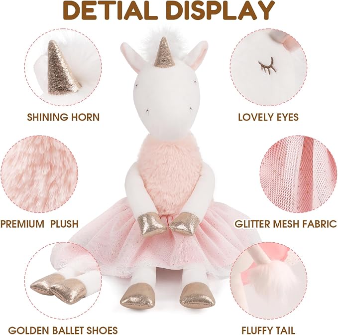 Mikkee Fluffie 15" Ballerina Unicorn Plush - Magical Stuffed Animal with Gold Horn & Hooves, Sparkling Tulle Tutu Skirt - Whimsical Keepsake Gift for Girls, Nursery Decor, Prima Ballerina Doll