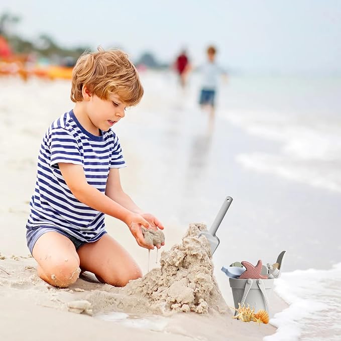 Sand Toys for Kids 8PCS Safe Silicone Beach Toys Grey - with Shovel, Bucket and Sand Molds, Waterproof for Travel Summer