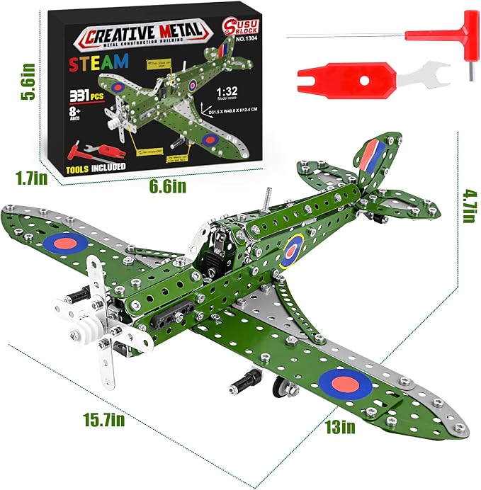 Ferthor Fun STEM Building Toys Model Airplane Kits for Boys 8-12,Airplane Model Scale 1:32 Metal Building Kit,Erector Sets Model Planes for Kids 8-12,Best Airplane Gifts for Hurricane Fighter Fans