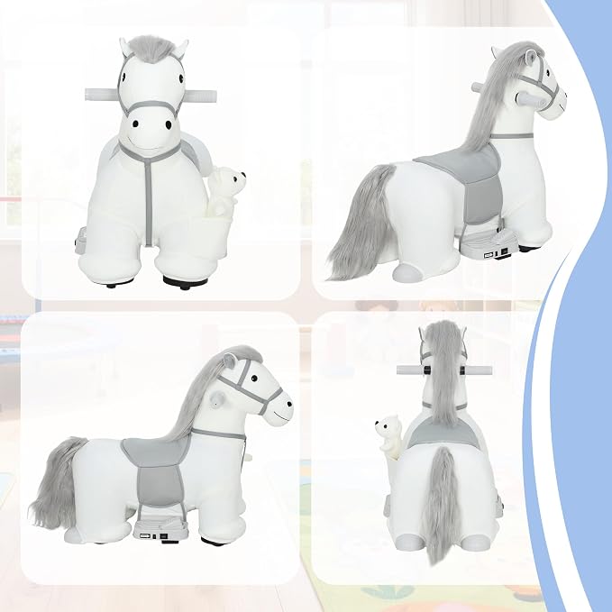 Qaba 6V Kids Ride on Horse, Battery Powered Ride on Toy, Electric Riding Pony with Bear Toy, Music, Soft Touch, PU Wheels, Foot Pedal, Forward, for Girls Boys Aged 1.5-5 Years, White