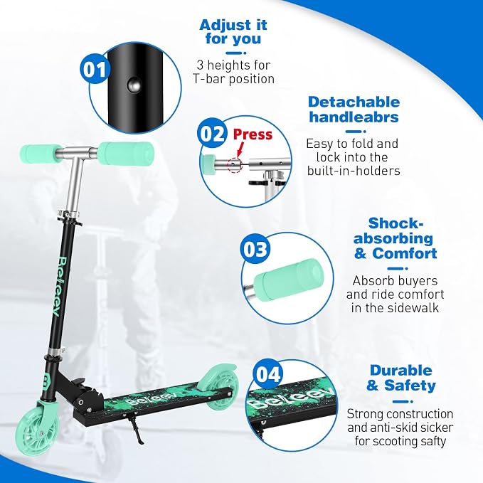 BELEEV V1 Scooters for Kids, 2 Wheel Folding Kick Scooter for Girls Boys, 3 Adjustable Height, Light Up Wheels, Lightweight Scooter with Sturdy Frame, Kickstand for Children 3 to 12 Years Old