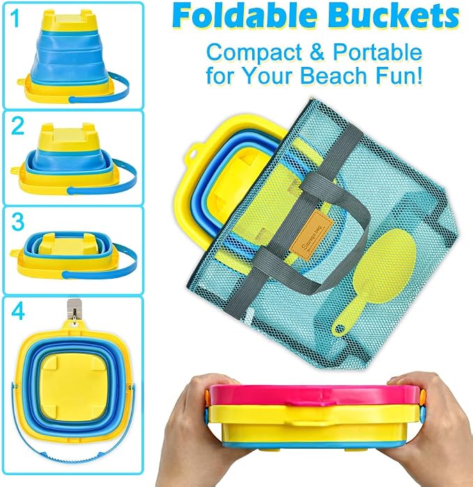 Collapsible Beach Sand Toys for Kids - Travel Beach Toys with 2 Collapsible Beach Buckets, Mesh Bags, Sand Castle Molds, Sand Bucket Shovel Set Sandbox Toy for Toddlers Kids