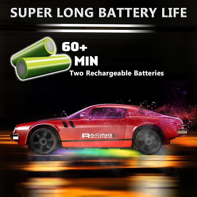Remote Control Car RC Drift Car 2.4GHz 1:24 4WD 15KM/H High Speed Racing Sport Car with LED Lights Drifting Tire Racing Sport Toy for Adults Boys Girls Kids Gift 2Pcs Rechargeable Batteries