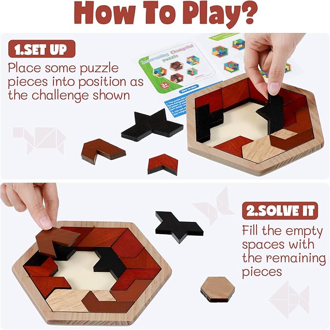 Yunsailing 3 Pack Large Hexagon Tangram Puzzle Wooden Brain Puzzles for Adult Challenge Wood Russian Blocks Brain Teasers Geometric Jigsaw Block Logic Iq Stem Family Graduation Gifts(Vintage)