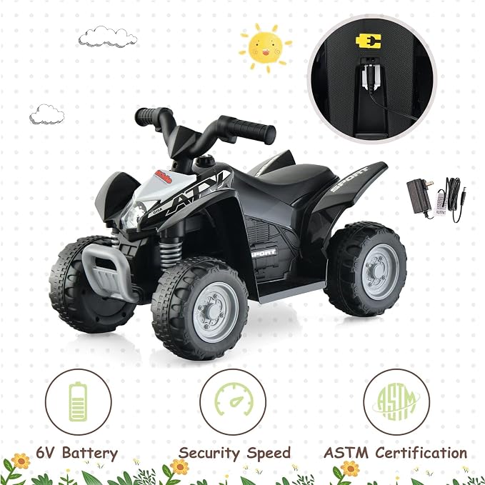 OLAKIDS Kids Ride On ATV, 6V Electric Vehicle for Toddlers, 4 Wheeler Battery Powered Motorized Quad Toy Car for Boys Girls with LED Lights, Horn (Black)