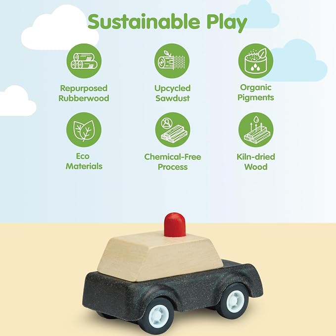 PlanToys® Police Car Wooden Montessori Vehicle Toy | Early Movement, Imagination and Practical Life Exploration | Eco Friendly Car for Indoor and Outdoor Play