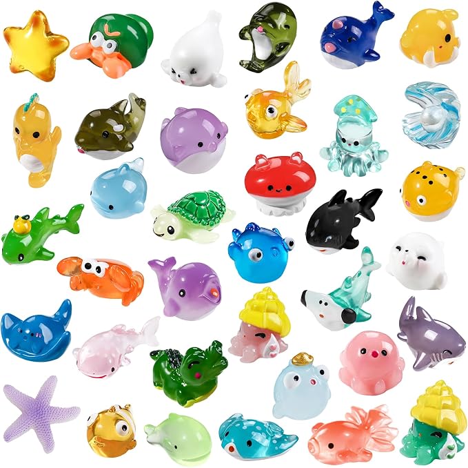DIYDEC 36pcs Mini Ocean Resin Animals Tiny Sea Animals Figurines Marine Miniature Plastic Animals Aquarium Ornaments Decorations for DIY Fish Tank Potted Micro Fairy Garden Dollhouse