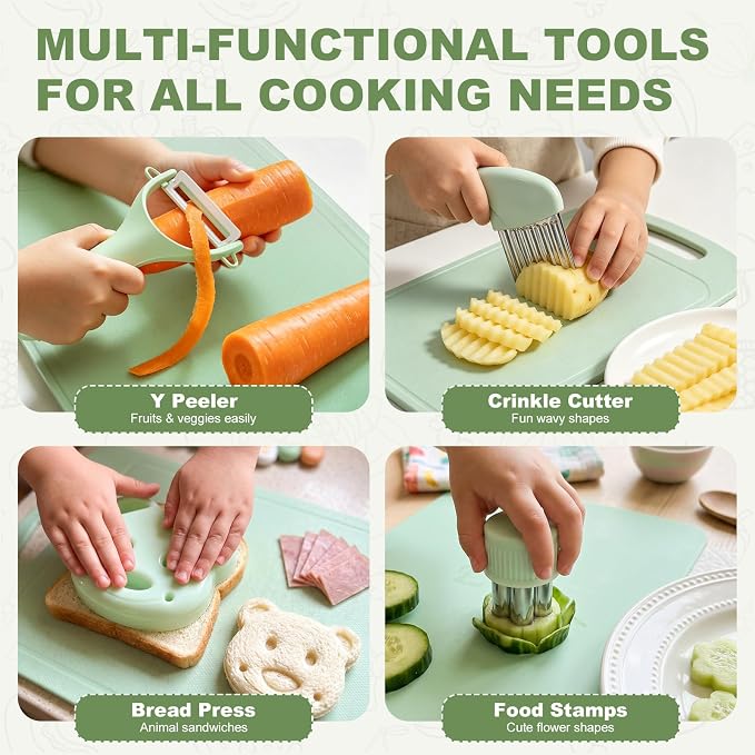 17 PCS Montessori Kitchen Toys for Toddlers, Safe Kids Knife Set for Real Cooking, Toddler Kitchen Utensils with Apron, Sleeves & Storage Basket, Educational Gift for Boys Girls Ages 2+