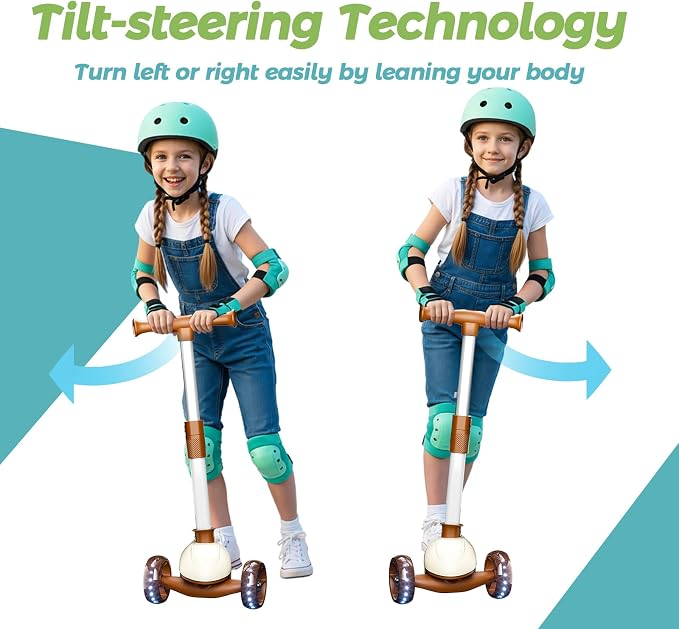 3 Wheel Scooter for Kids Ages, Kids Kick Scooter with LED Light-Up Wheels & Adjustable Handlebar, Toddler Scooter with Rear Brake (Brown)