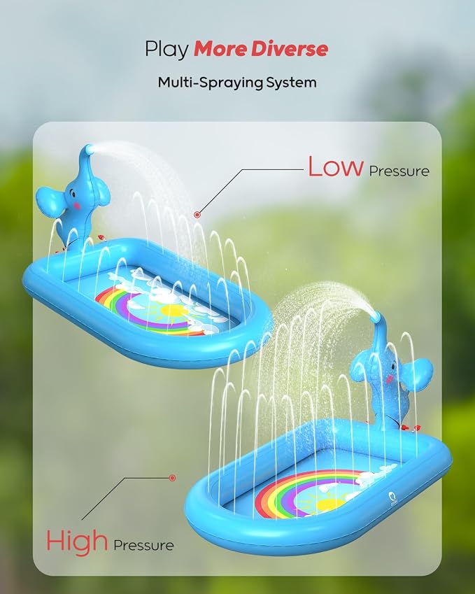 QPAU Splash Pads for Toddlers 1-3, Blue Elephant Toy Splash Pad for Kids, Outdoor Play Mat for Babies, Inflatable Sprinkler Pool for Birthday Girl Gifts 1 Year Old Girl