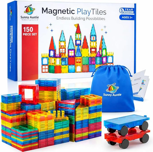 SUNNY AUNTIE Magnetic Tiles 150 PCS XL Set with Storage Bag – Magnetic Building Tiles for Kids Ages 3-8, STEM Magnet Construction Toy for Boys & Girls