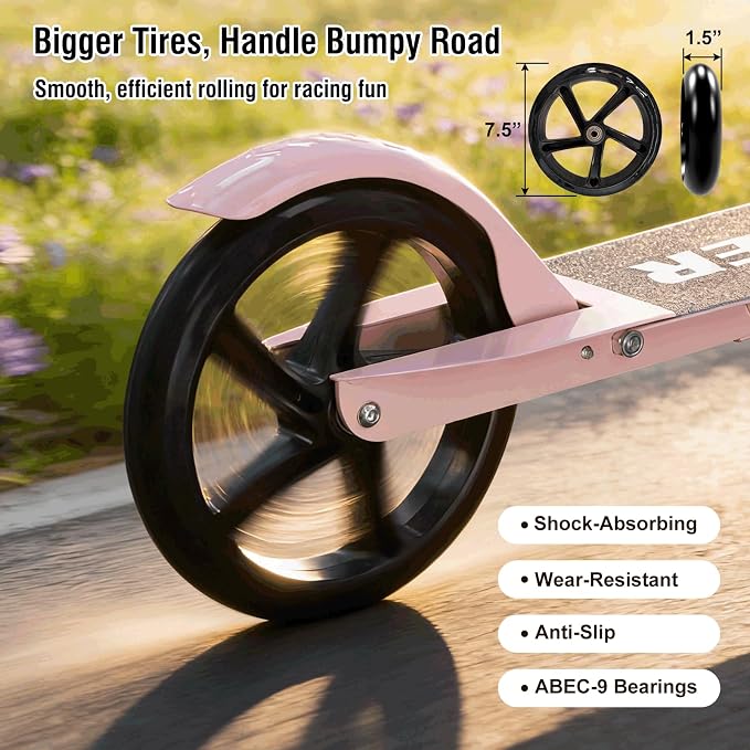Scooter for Age 6+, Folding Kick Scooters for Kids 8-12,Teens, Adults up to 250Lbs,3 Adjustable Heights, Rear Brake, Wide Antislip Deck, Lightweight Scooter for Boys Girls