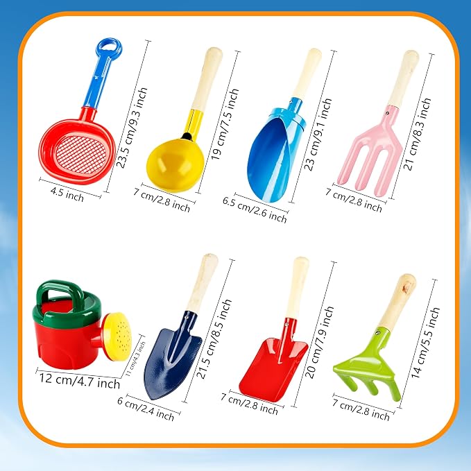 8 Pcs Kids Beach Sand Tools Metal Beach Spoon, Fork, Trowel, Rake, Flat and Pointed Shovel Sand Toys with Sturdy Wooden Handle Watering Can Sand Sifter Sieves for Children Beach Gardening Use