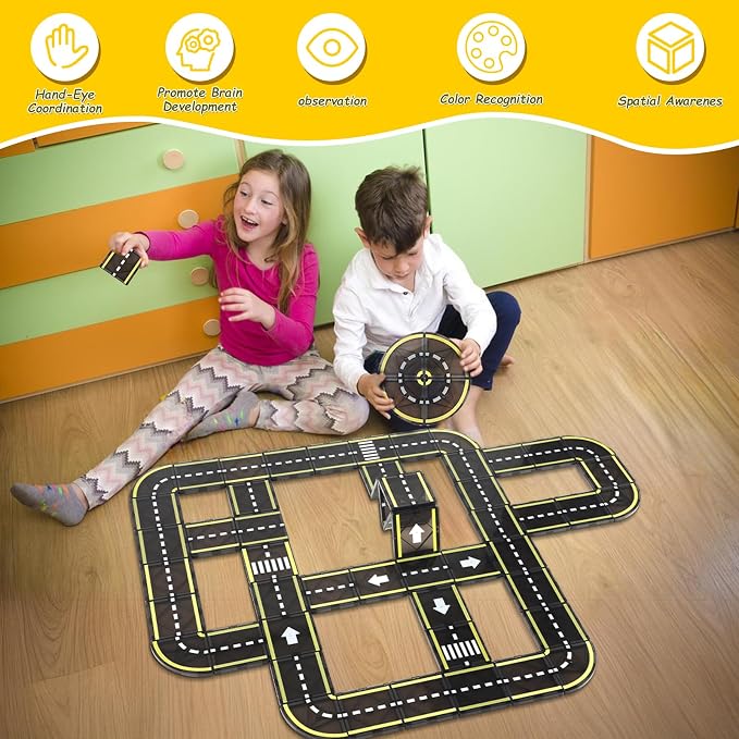 BENOKER Magnetic Tiles Road Set, STEM Magnet Building Blocks for Toddler Kids, Montessori Educational Toy Gifts for 3+ Year Old Boys & Girls