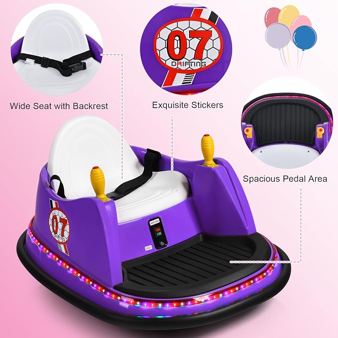 Costzon Bumper Car for Kids, 12V Electric Toddler Bumping Car with Remote Control, Dual Joysticks, 360 Spin, Music, Flashing Lights, Slow Star, Kids Bumper Car Ride on Toy for Boy Girl Gift (Purple)