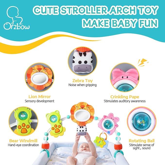 Orzbow Adjustable Stroller Hanging Toys, Arch Crib Mobile with Fascinating Toys to Stimulate Baby's Senses and Develop Motor Skills, Baby Mobile for Bassinet, Car Seat & Bouncer, Lion