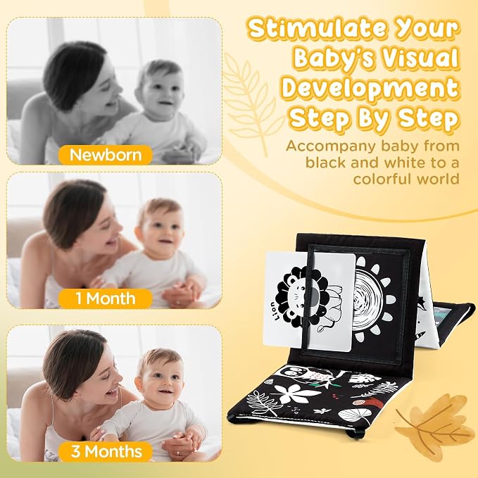 URMYWO Tummy Time Mirror Toys, Visual Stimulation Learning Cards, High Contrast Black and White Baby Toys for Newborn, Soft Baby Book for Infant 0-12 Months, Baby Boy Girl Shower Gift