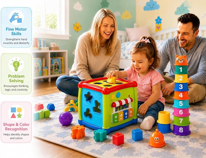 Shape Sorting Cube with Music & Lights - 6 in 1 Sensory Busy Cube Stacking Cups Activity Toy for Toddlers 18+ Months, Educational Learning Toys for Boys & Girls