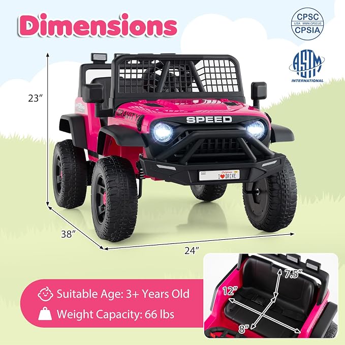 Costzon Ride on Truck, 24V Ride on Toys for Kids, Electric Vehicle with Parent Remote Control, Music, Horn, LED Headlights & Spring Suspension, Kids Car for Boys & Girls Aged 3+ (24V,Pink)