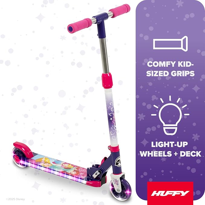 Huffy Light Up Inline Scooter for Kids, 2 Wheel Kick Scooter with LED Lights and Rear Brake, Foldable, Adjustable Handlebar on Select Models, Durable Frame, Licensed Character Graphics