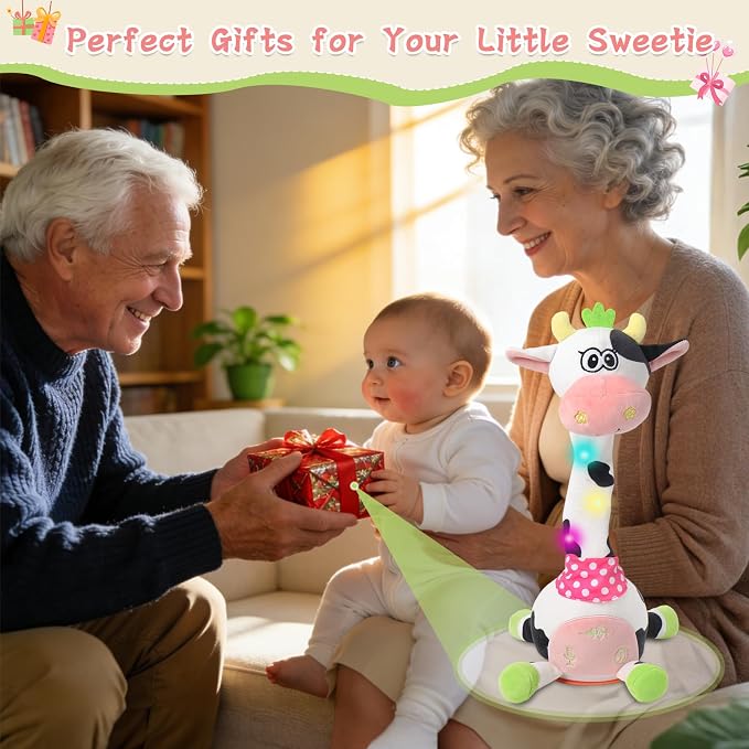 Dancing Talking Giraffe Toy, Stuffed Animal Baby Toy Repeating What You Say, Glowing Musical Giraffe Gifts for Toddlers 1-3 Years Old, for Kids (Cow)