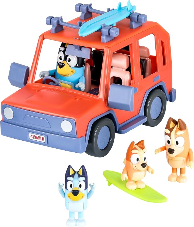Bluey Heeler 4WD Family Toddler Toy Car with 4 Figures, Surfboards and Sticker Sheet, Pretend Play, Bluey Toys for Kids Ages 3+, Amazon Exclusive