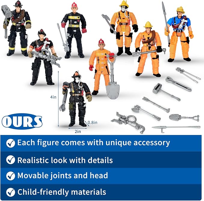 8 Pieces Firefighter Action Figures, Fireman Toys for 3 4 5 6 7+ Year Old Boys, 4-Inch Toy Figure & Playsets with Accessories, Ideal Gifts for Boys Girls Kids, Christmas Stocking Stuffers Party Favor
